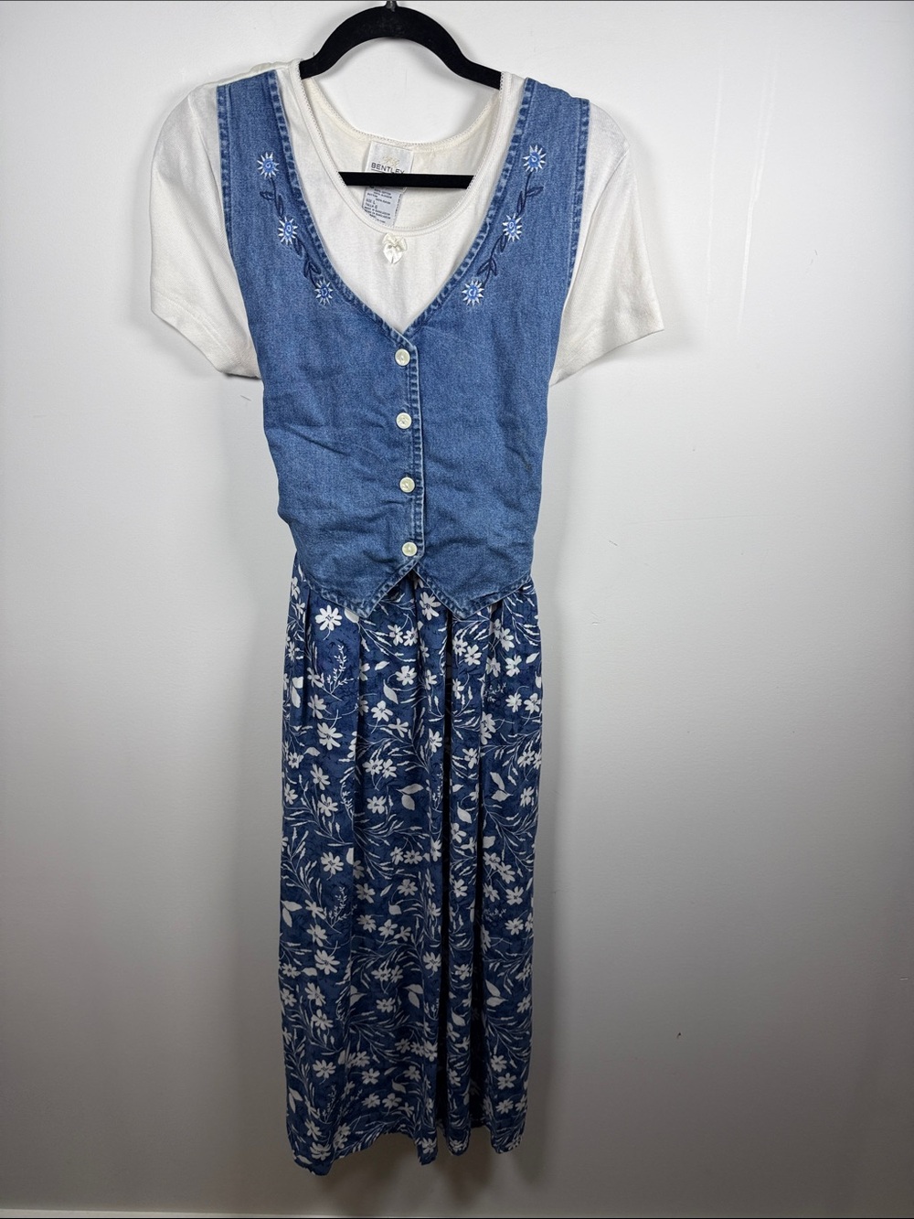 BENTLEY | 90s Floral Cottagecore Midi Dress with Denim Vest Overlay Size L